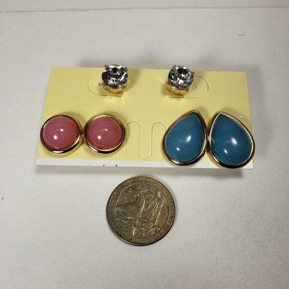 Set of 3 Gold tone Pink, Blue & Crystal Stud Earrings - Women's Fashion Jewelry - Picture 7 of 9